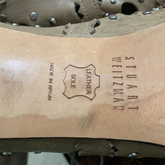 Stuart Weitzman Dove Leather Silver Studded Lace Up Open Toe Booties 7.5M - Picture 9 of 12